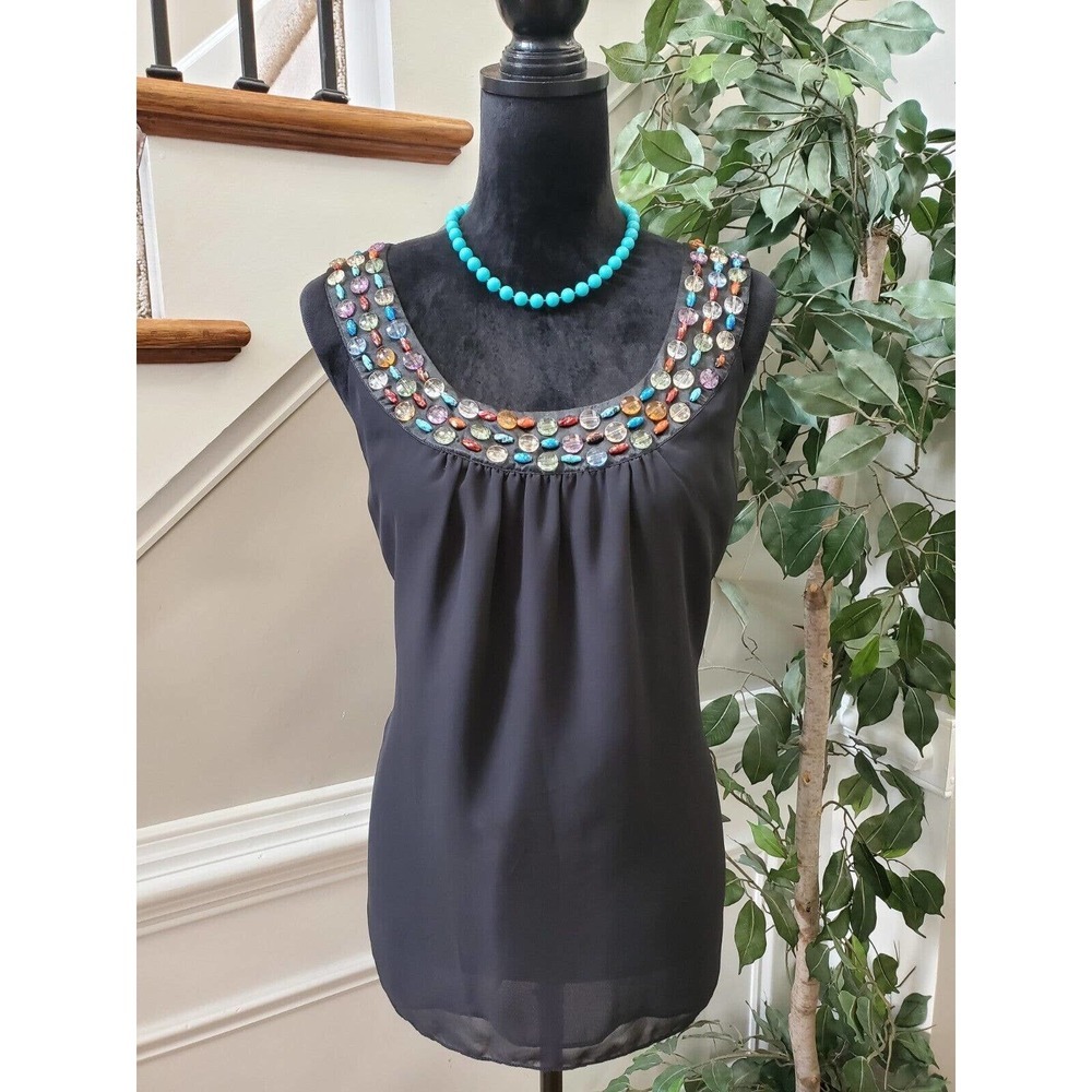 Style & Co. Black Sleeveless Beaded Collar Blouse